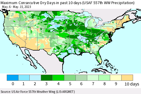 United States Maximum Consecutive Dry Days in past 10 days (USAF 557th WW Precipitation) Thematic Map For 5/11/2023 - 5/15/2023