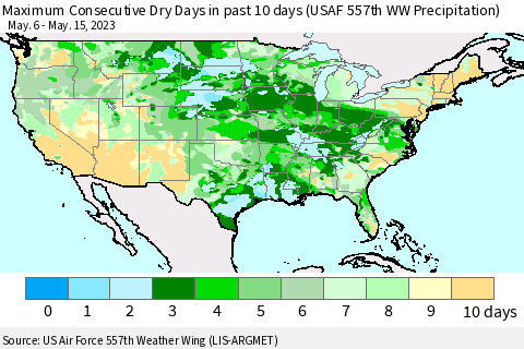 United States Number of Dry Days in past 10 days (USAF 557th WW) Thematic Map For 5/11/2023 - 5/15/2023