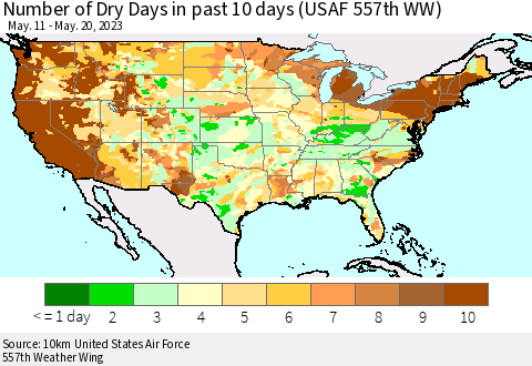 United States Number of Dry Days in past 10 days (USAF 557th WW) Thematic Map For 5/16/2023 - 5/20/2023