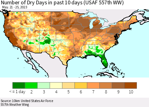 United States Number of Dry Days in past 10 days (USAF 557th WW) Thematic Map For 5/21/2023 - 5/25/2023