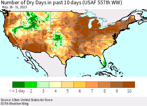 United States Number of Dry Days in past 10 days (USAF 557th WW) Thematic Map For 5/26/2023 - 5/31/2023