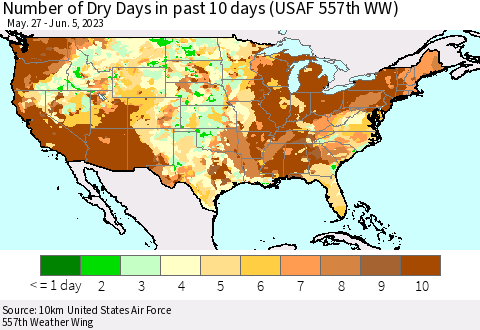 United States Number of Dry Days in past 10 days (USAF 557th WW) Thematic Map For 6/1/2023 - 6/5/2023