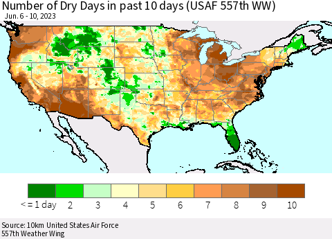 United States Number of Dry Days in past 10 days (USAF 557th WW) Thematic Map For 6/6/2023 - 6/10/2023