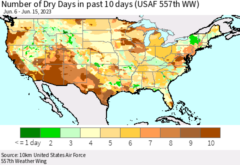 United States Number of Dry Days in past 10 days (USAF 557th WW) Thematic Map For 6/11/2023 - 6/15/2023