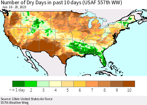 United States Number of Dry Days in past 10 days (USAF 557th WW) Thematic Map For 6/16/2023 - 6/20/2023