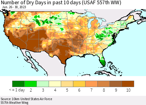 United States Number of Dry Days in past 10 days (USAF 557th WW) Thematic Map For 6/26/2023 - 6/30/2023