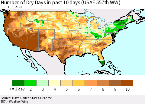United States Number of Dry Days in past 10 days (USAF 557th WW) Thematic Map For 7/1/2023 - 7/5/2023