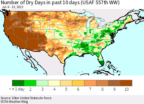 United States Number of Dry Days in past 10 days (USAF 557th WW) Thematic Map For 7/6/2023 - 7/10/2023