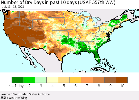 United States Number of Dry Days in past 10 days (USAF 557th WW) Thematic Map For 7/11/2023 - 7/15/2023