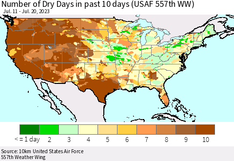 United States Number of Dry Days in past 10 days (USAF 557th WW) Thematic Map For 7/16/2023 - 7/20/2023