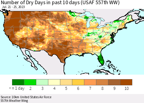 United States Number of Dry Days in past 10 days (USAF 557th WW) Thematic Map For 7/21/2023 - 7/25/2023