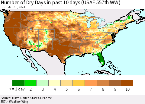 United States Number of Dry Days in past 10 days (USAF 557th WW) Thematic Map For 7/26/2023 - 7/31/2023