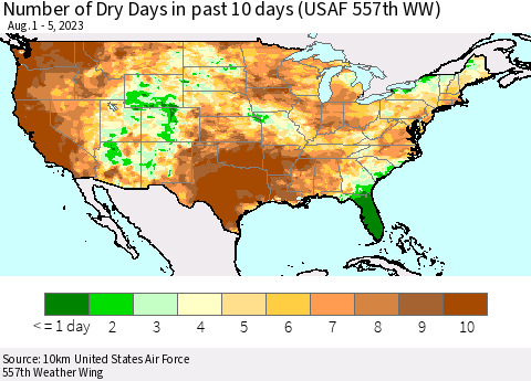United States Number of Dry Days in past 10 days (USAF 557th WW) Thematic Map For 8/1/2023 - 8/5/2023