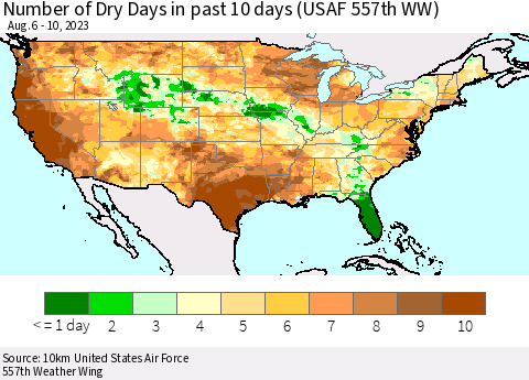 United States Number of Dry Days in past 10 days (USAF 557th WW) Thematic Map For 8/6/2023 - 8/10/2023