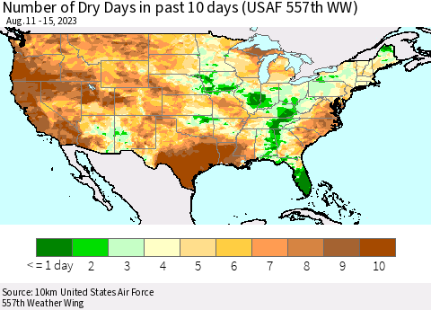 United States Number of Dry Days in past 10 days (USAF 557th WW) Thematic Map For 8/11/2023 - 8/15/2023
