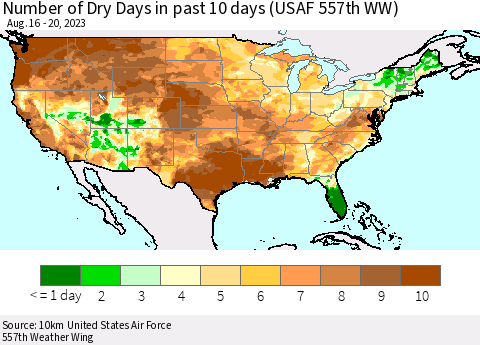 United States Number of Dry Days in past 10 days (USAF 557th WW) Thematic Map For 8/16/2023 - 8/20/2023