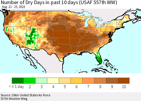 United States Number of Dry Days in past 10 days (USAF 557th WW) Thematic Map For 8/21/2023 - 8/25/2023