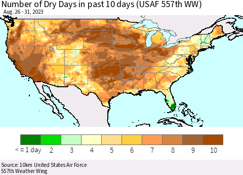United States Number of Dry Days in past 10 days (USAF 557th WW) Thematic Map For 8/26/2023 - 8/31/2023
