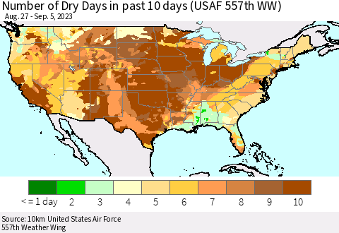 United States Number of Dry Days in past 10 days (USAF 557th WW) Thematic Map For 9/1/2023 - 9/5/2023
