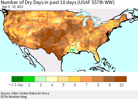 United States Number of Dry Days in past 10 days (USAF 557th WW) Thematic Map For 9/6/2023 - 9/10/2023