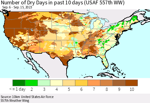 United States Number of Dry Days in past 10 days (USAF 557th WW) Thematic Map For 9/11/2023 - 9/15/2023