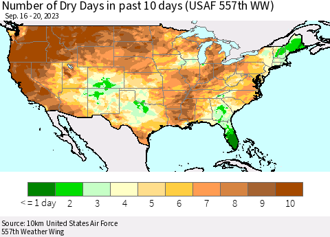 United States Number of Dry Days in past 10 days (USAF 557th WW) Thematic Map For 9/16/2023 - 9/20/2023