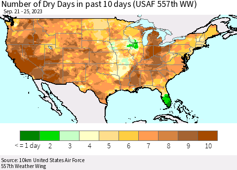 United States Number of Dry Days in past 10 days (USAF 557th WW) Thematic Map For 9/21/2023 - 9/25/2023