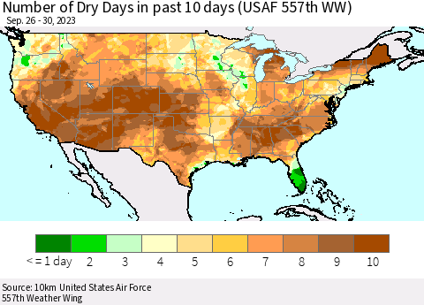 United States Number of Dry Days in past 10 days (USAF 557th WW) Thematic Map For 9/26/2023 - 9/30/2023