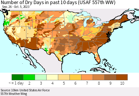 United States Number of Dry Days in past 10 days (USAF 557th WW) Thematic Map For 10/1/2023 - 10/5/2023