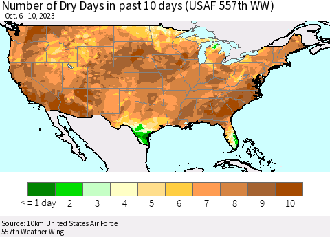 United States Number of Dry Days in past 10 days (USAF 557th WW) Thematic Map For 10/6/2023 - 10/10/2023
