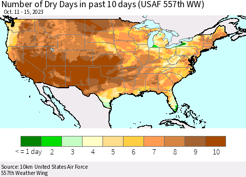 United States Number of Dry Days in past 10 days (USAF 557th WW) Thematic Map For 10/11/2023 - 10/15/2023