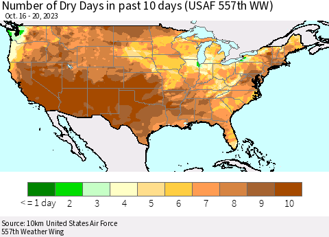United States Number of Dry Days in past 10 days (USAF 557th WW) Thematic Map For 10/16/2023 - 10/20/2023
