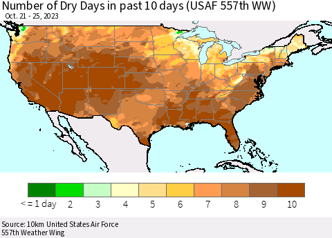 United States Number of Dry Days in past 10 days (USAF 557th WW) Thematic Map For 10/21/2023 - 10/25/2023