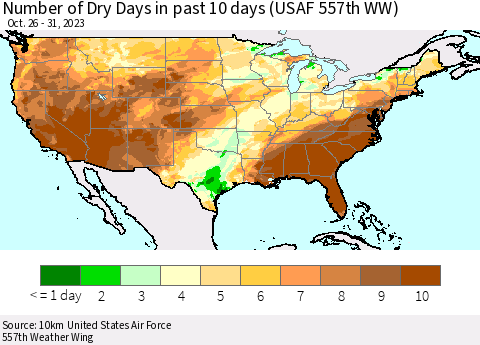 United States Number of Dry Days in past 10 days (USAF 557th WW) Thematic Map For 10/26/2023 - 10/31/2023