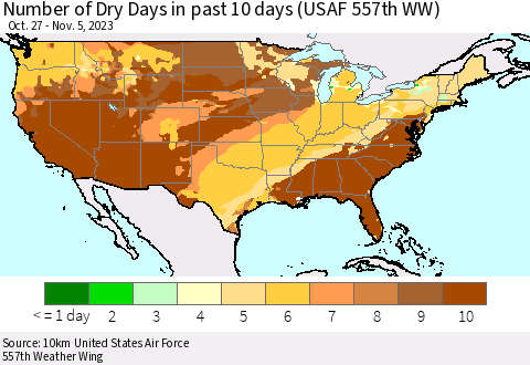 United States Number of Dry Days in past 10 days (USAF 557th WW) Thematic Map For 11/1/2023 - 11/5/2023