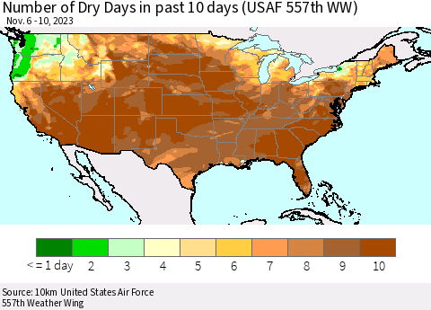 United States Number of Dry Days in past 10 days (USAF 557th WW) Thematic Map For 11/6/2023 - 11/10/2023