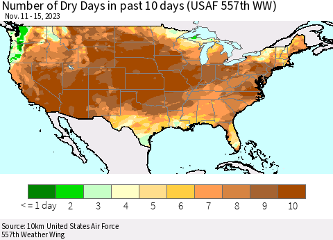United States Number of Dry Days in past 10 days (USAF 557th WW) Thematic Map For 11/11/2023 - 11/15/2023