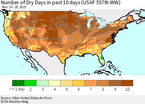 United States Number of Dry Days in past 10 days (USAF 557th WW) Thematic Map For 11/16/2023 - 11/20/2023