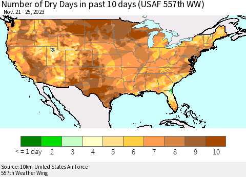 United States Number of Dry Days in past 10 days (USAF 557th WW) Thematic Map For 11/21/2023 - 11/25/2023
