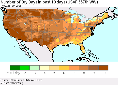 United States Number of Dry Days in past 10 days (USAF 557th WW) Thematic Map For 11/26/2023 - 11/30/2023