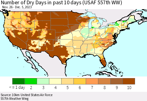 United States Number of Dry Days in past 10 days (USAF 557th WW) Thematic Map For 12/1/2023 - 12/5/2023