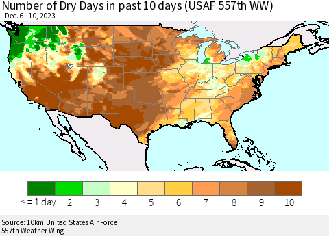 United States Number of Dry Days in past 10 days (USAF 557th WW) Thematic Map For 12/6/2023 - 12/10/2023