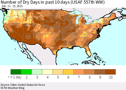 United States Number of Dry Days in past 10 days (USAF 557th WW) Thematic Map For 12/11/2023 - 12/15/2023