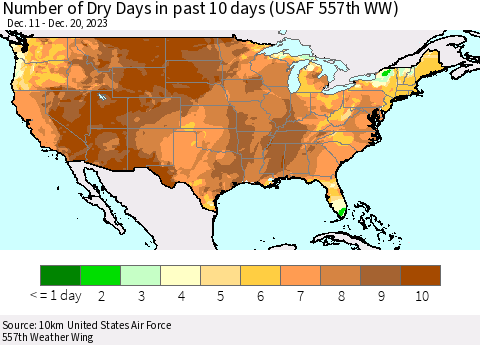 United States Number of Dry Days in past 10 days (USAF 557th WW) Thematic Map For 12/16/2023 - 12/20/2023