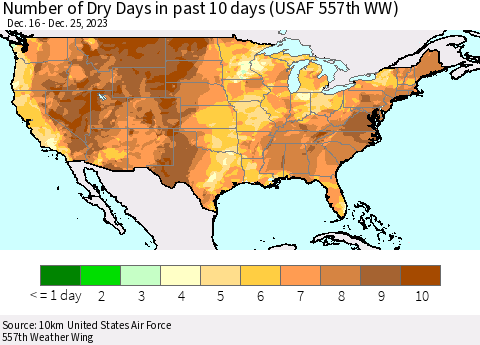 United States Number of Dry Days in past 10 days (USAF 557th WW) Thematic Map For 12/21/2023 - 12/25/2023