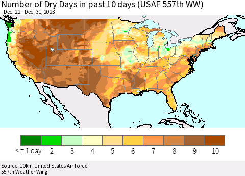 United States Number of Dry Days in past 10 days (USAF 557th WW) Thematic Map For 12/26/2023 - 12/31/2023