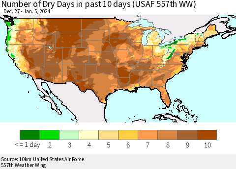 United States Number of Dry Days in past 10 days (USAF 557th WW) Thematic Map For 1/1/2024 - 1/5/2024