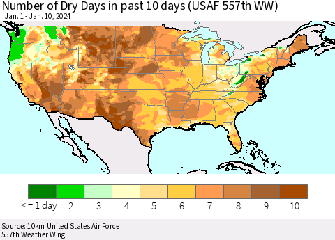 United States Number of Dry Days in past 10 days (USAF 557th WW) Thematic Map For 1/6/2024 - 1/10/2024