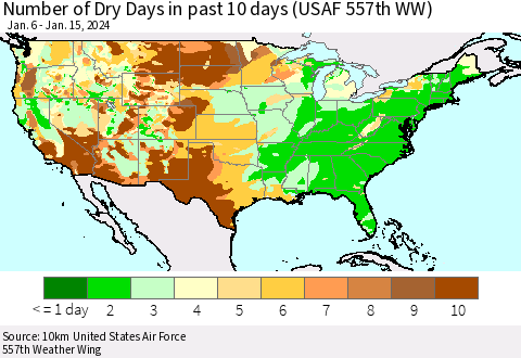 United States Number of Dry Days in past 10 days (USAF 557th WW) Thematic Map For 1/11/2024 - 1/15/2024