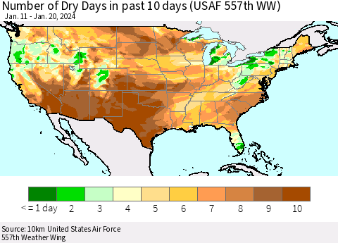 United States Number of Dry Days in past 10 days (USAF 557th WW) Thematic Map For 1/16/2024 - 1/20/2024